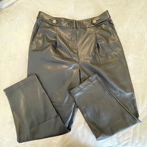 Black Curvy Button Tab Slim Pants in Faux Leather